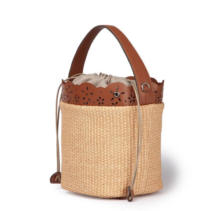 Roberta Gandolfi Diletta Bucket in rafia con balza in pelle laserata con tracolla staccabile Flash Sale