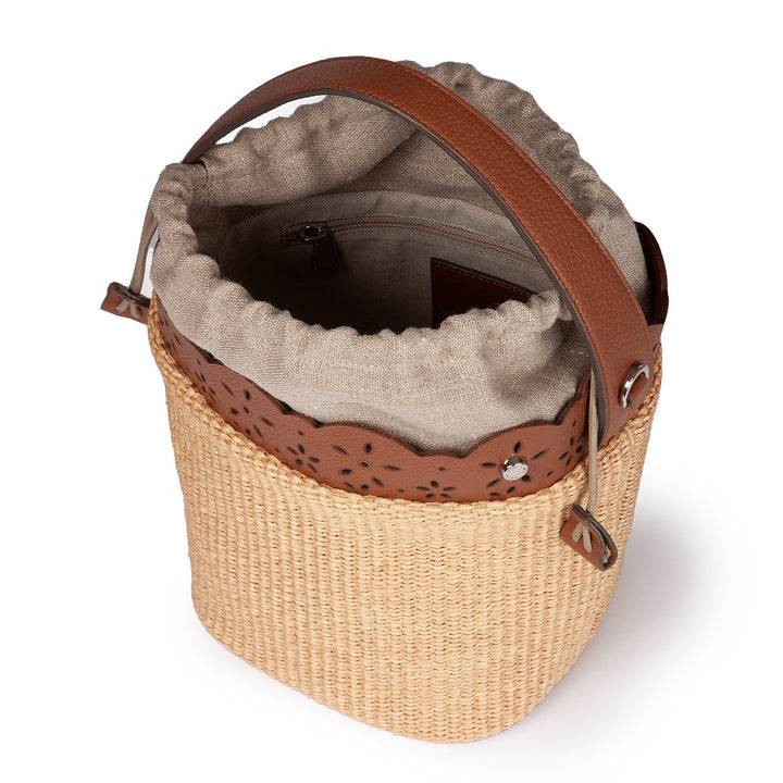 Roberta Gandolfi Diletta Bucket in rafia con balza in pelle laserata con tracolla staccabile Flash Sale