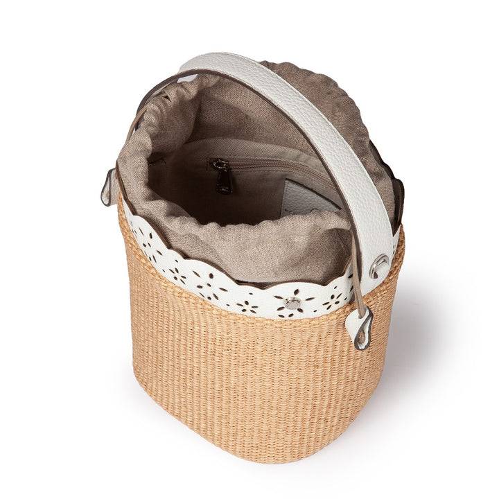 Roberta Gandolfi Diletta Bucket in rafia con balza in pelle laserata con tracolla staccabile Fornitura limitata
