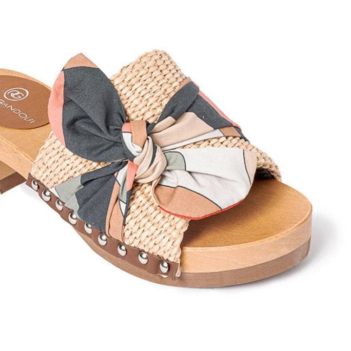 Roberta Gandolfi Lola Sixty sandali in legno con rafia e pelle di vitello con fiocco stampa sixty Qualità