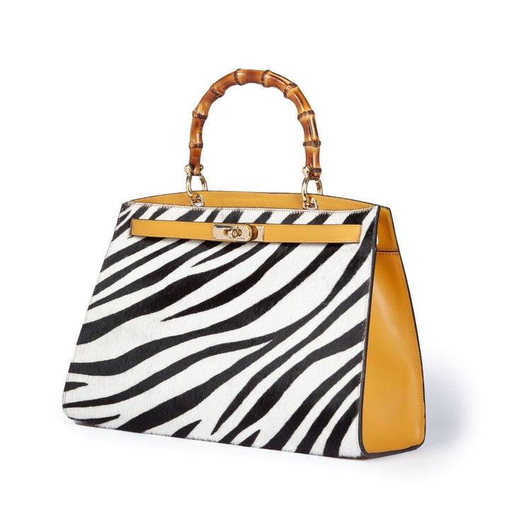 Roberta Gandolfi Lola Pony Large borsa in pelle stampa animalier con manico in vero legno di bambù e tracolla staccabile Affare Del Giorno