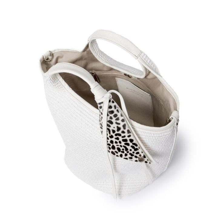 Roberta Gandolfi Beatrice Handbag in raffia con finiture in pelle con dettaglio animalier e tracolla staccabile Sconto di tempo limitato