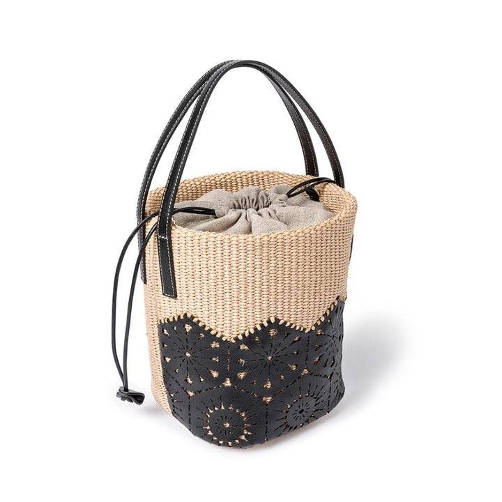 Roberta Gandolfi Giulia Bucket in rafia e pelle il pannello tagliato al laser è interamente cucito a mano con tracolla staccabile Negozio online di fabbrica