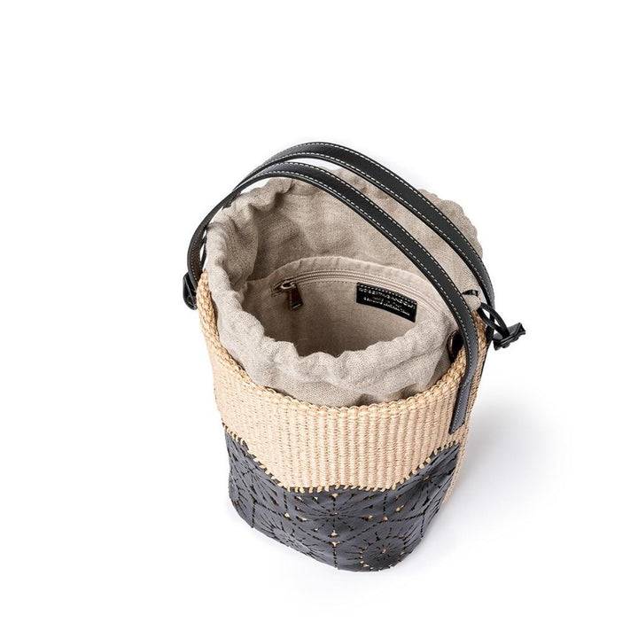Roberta Gandolfi Giulia Bucket in rafia e pelle il pannello tagliato al laser è interamente cucito a mano con tracolla staccabile Negozio online di fabbrica
