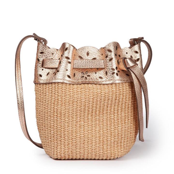 Roberta Gandolfi Diletta Mini Bucket in rafia con balza in pelle laserata con tracolla staccabile Prezzo basso