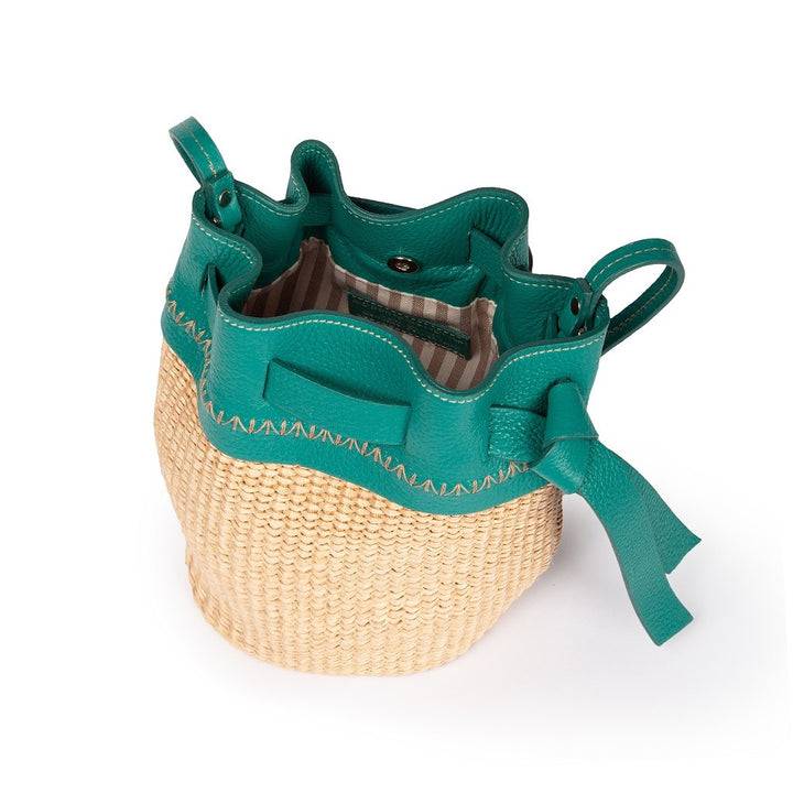 Roberta Gandolfi Ambra mini bucket in rafia e pelle martellata Offerta temporanea
