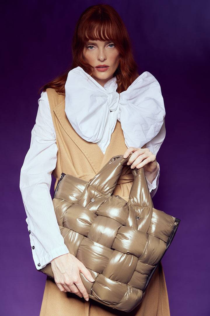 Roberta Gandolfi Greta large borsa in tessuto antigoccia imbottita ed intrecciata a mano con finiture in pelle Prezzo Ridotto