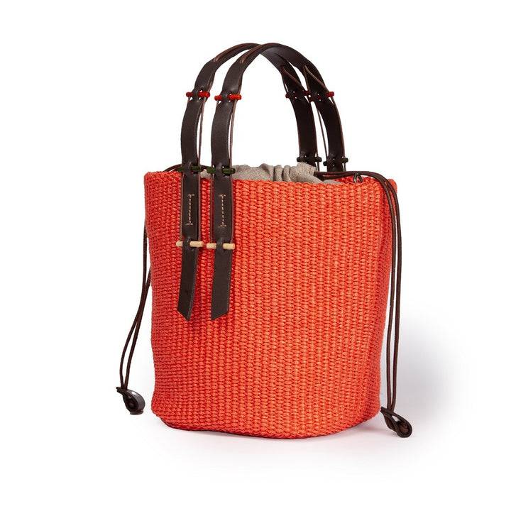 Roberta Gandolfi Fernanda Bucket in rafia con finiture in pelle di vitello con tracolla staccabile Promozione Limitata