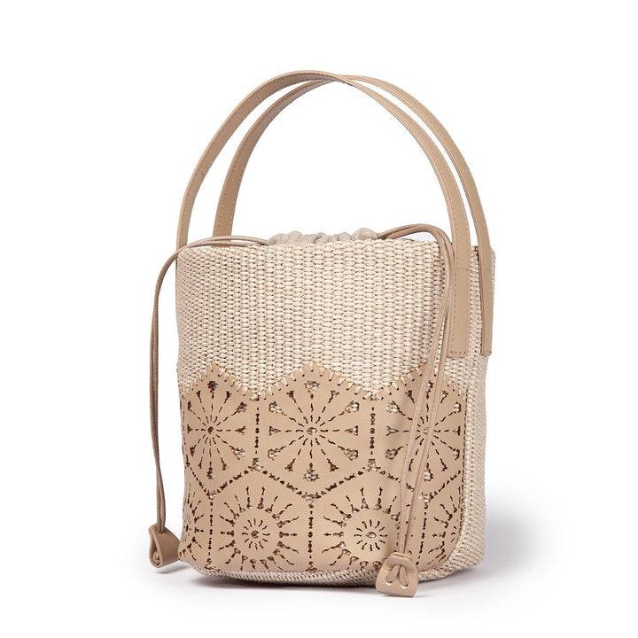 Roberta Gandolfi Giulia Bucket in rafia e pelle il pannello tagliato al laser è interamente cucito a mano con tracolla staccabile Outlet