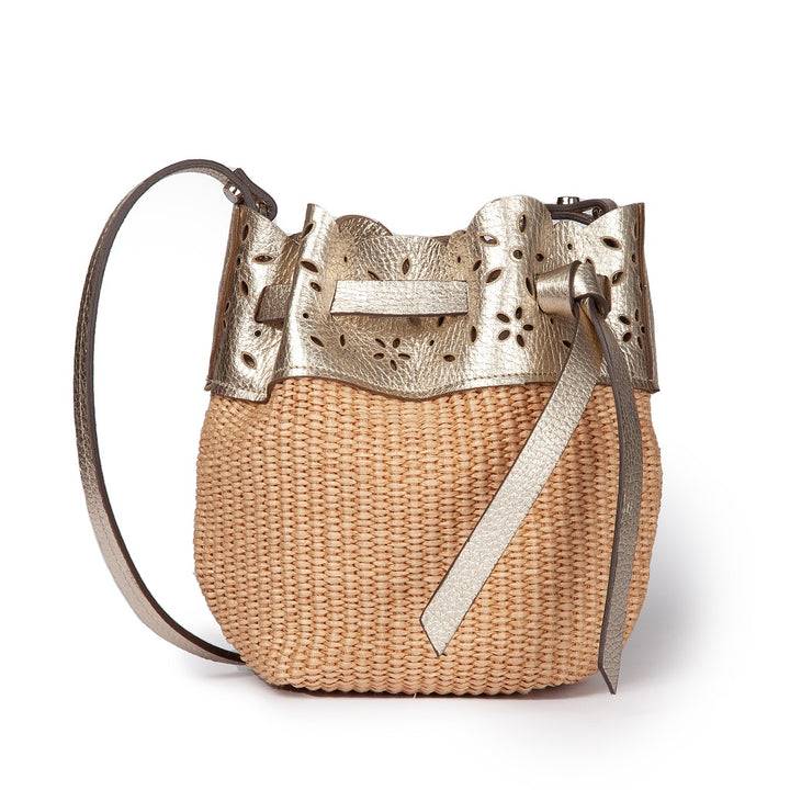 Roberta Gandolfi Diletta Mini Bucket in rafia con balza in pelle laserata con tracolla staccabile Fornitura limitata