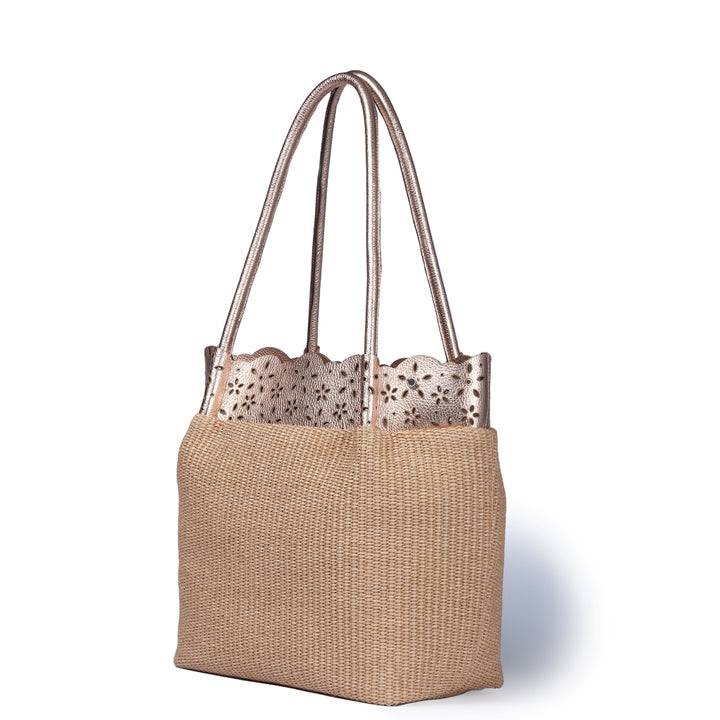 Roberta Gandolfi Diletta Shopping - Tote in rafia con balza in pelle laserata con tracolla staccabile Offerta esclusiva