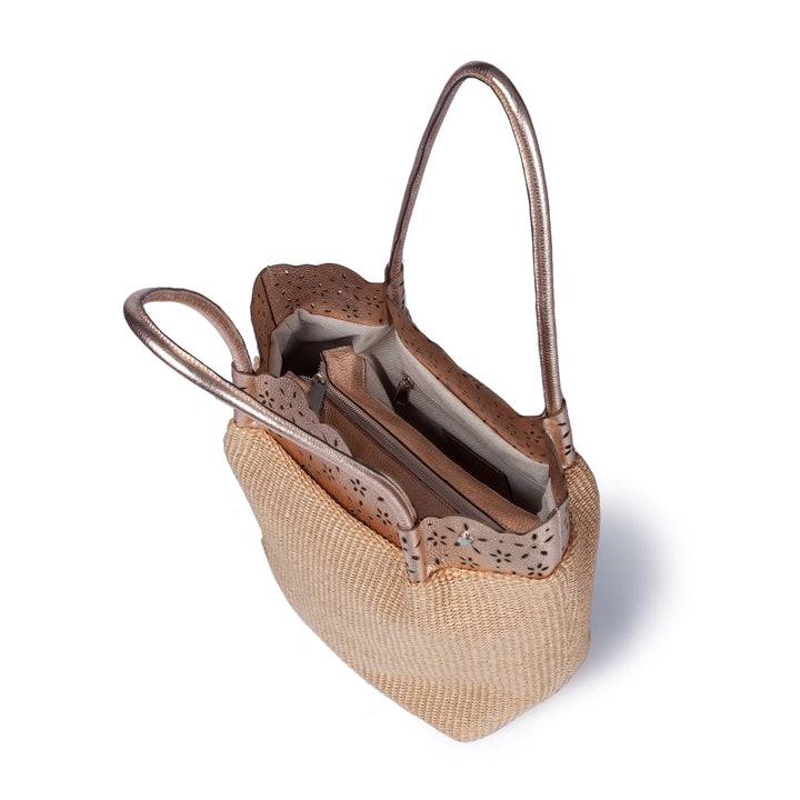 Roberta Gandolfi Diletta Shopping - Tote in rafia con balza in pelle laserata con tracolla staccabile Offerta esclusiva