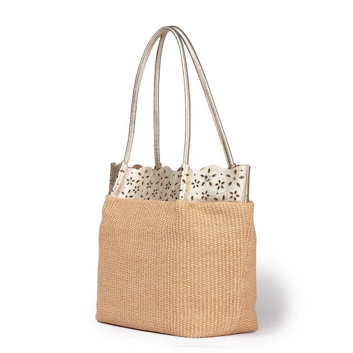 Roberta Gandolfi Diletta Shopping - Tote in rafia con balza in pelle laserata con tracolla staccabile Vendite stagionali