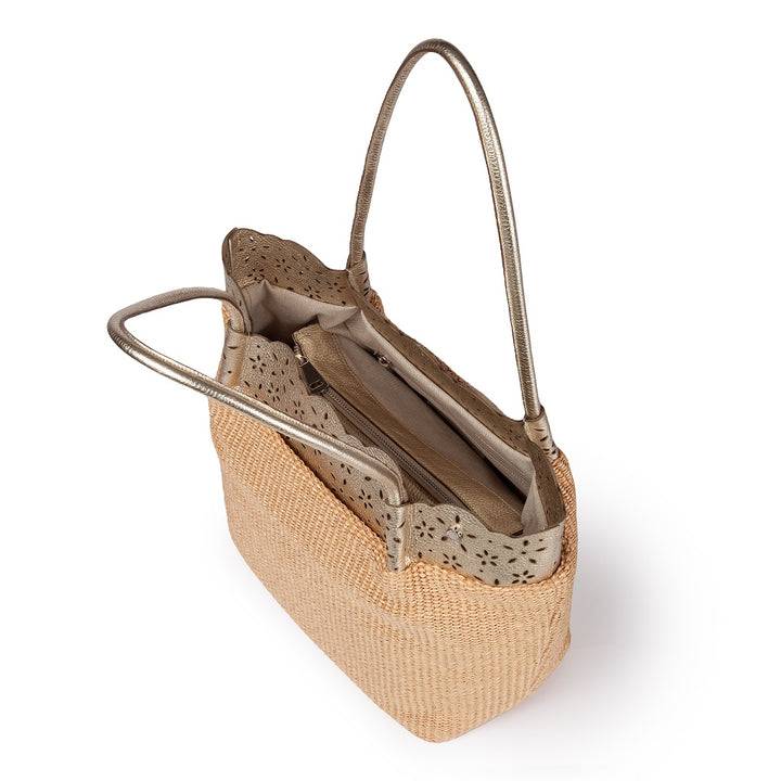 Roberta Gandolfi Diletta Shopping - Tote in rafia con balza in pelle laserata con tracolla staccabile Vendite stagionali
