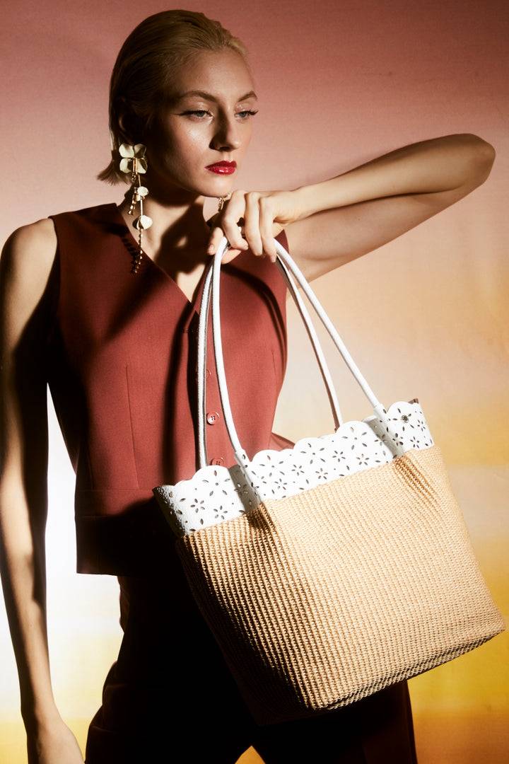 Roberta Gandolfi Diletta Shopping - Tote in rafia con balza in pelle laserata con tracolla staccabile Vendite stagionali