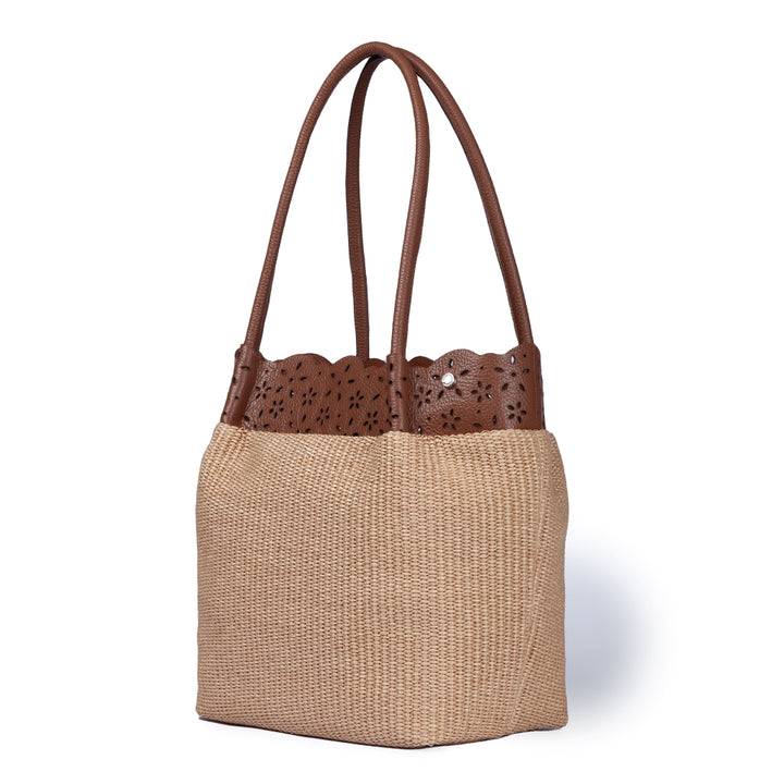 Roberta Gandolfi Diletta Shopping - Tote in rafia con balza in pelle laserata con tracolla staccabile Black Friday