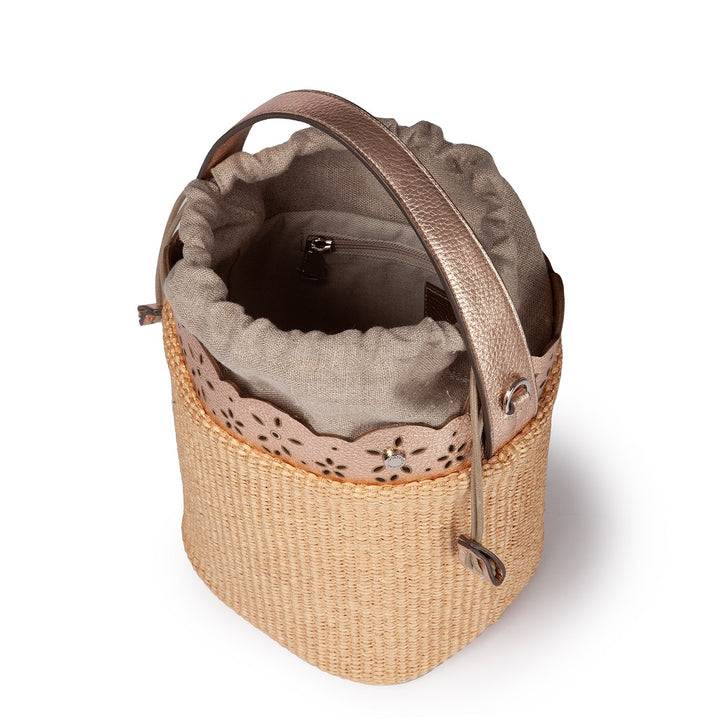 Roberta Gandolfi Diletta Bucket in rafia con balza in pelle laserata con tracolla staccabile Offerta San Valentino