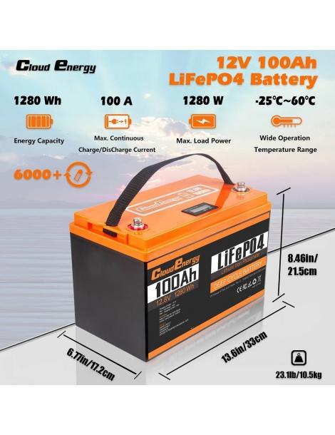 Cloudenergy 12V 100Ah LiFePO4 Battery Pack 1280Wh di energia 6000+ cicli BMS integrato 100A supporto serie/parallelo I Più Venduti