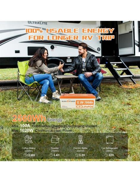 SUNHOOPOWER 12V 200Ah LiFePO4 Batteria energia 2560Wh BMS 100A integrato potenza di carico max. 1280W IP68 Pezzi Unici