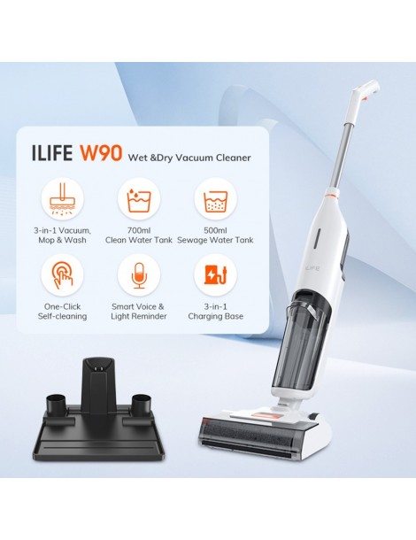 ILIFE W90 Aspirapolvere a secco senza filo 3 in 1 aspirapolvere e lavaggio autopulente serbatoio dell'acqua da 700 ml Smaltimento dello stoccaggio