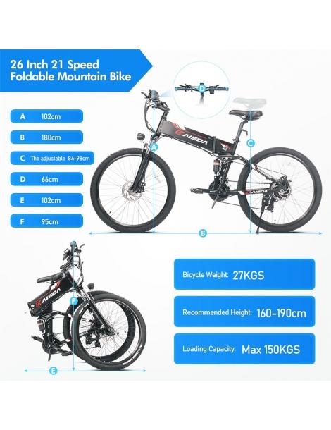 Kaisda K1 Ciclomotore elettrico pieghevole pneumatico da 26 pollici motore da 500W batteria agli ioni di litio da 10Ah - Nero Online Outlet