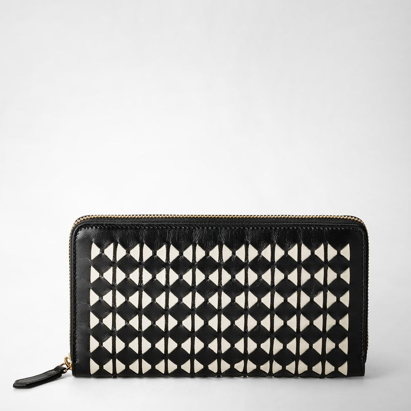 Serapian Portafoglio con zip in mosaico nero-panna