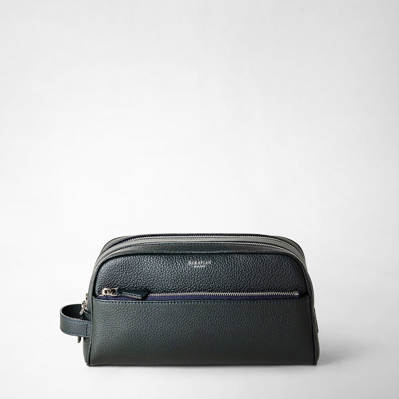 Serapian Trousse bagno doppia zip in pelle cachemire blu navy Italy