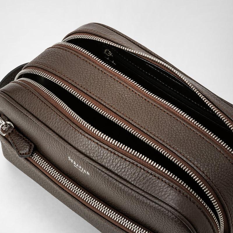 Serapian Trousse bagno doppia zip pelle cachemire espresso Nuovo