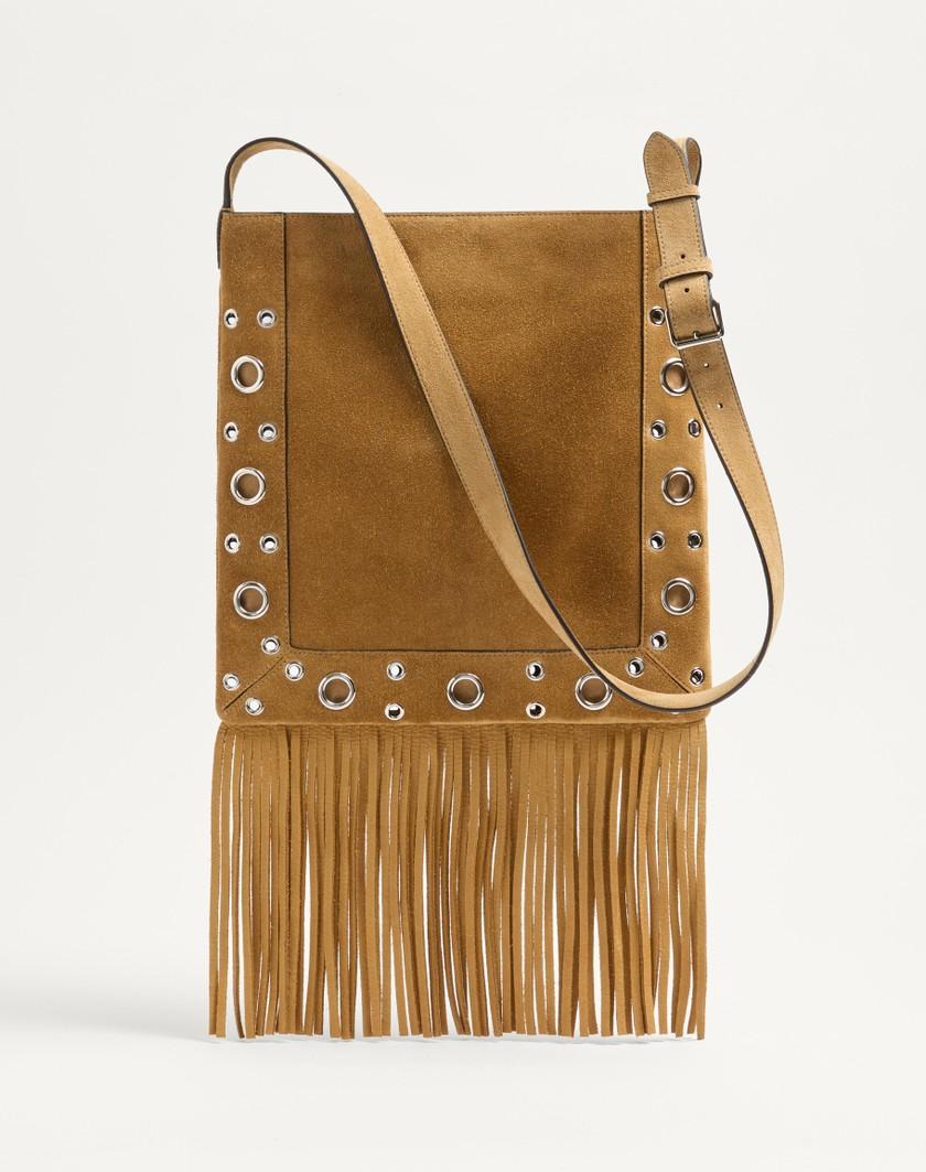 Valentino Handbags Borsa A Spalla Valentino Garavani Nellcôte In Suede Con Frange per Uomo in Havana Beige | Valentino IT Vendita Economica