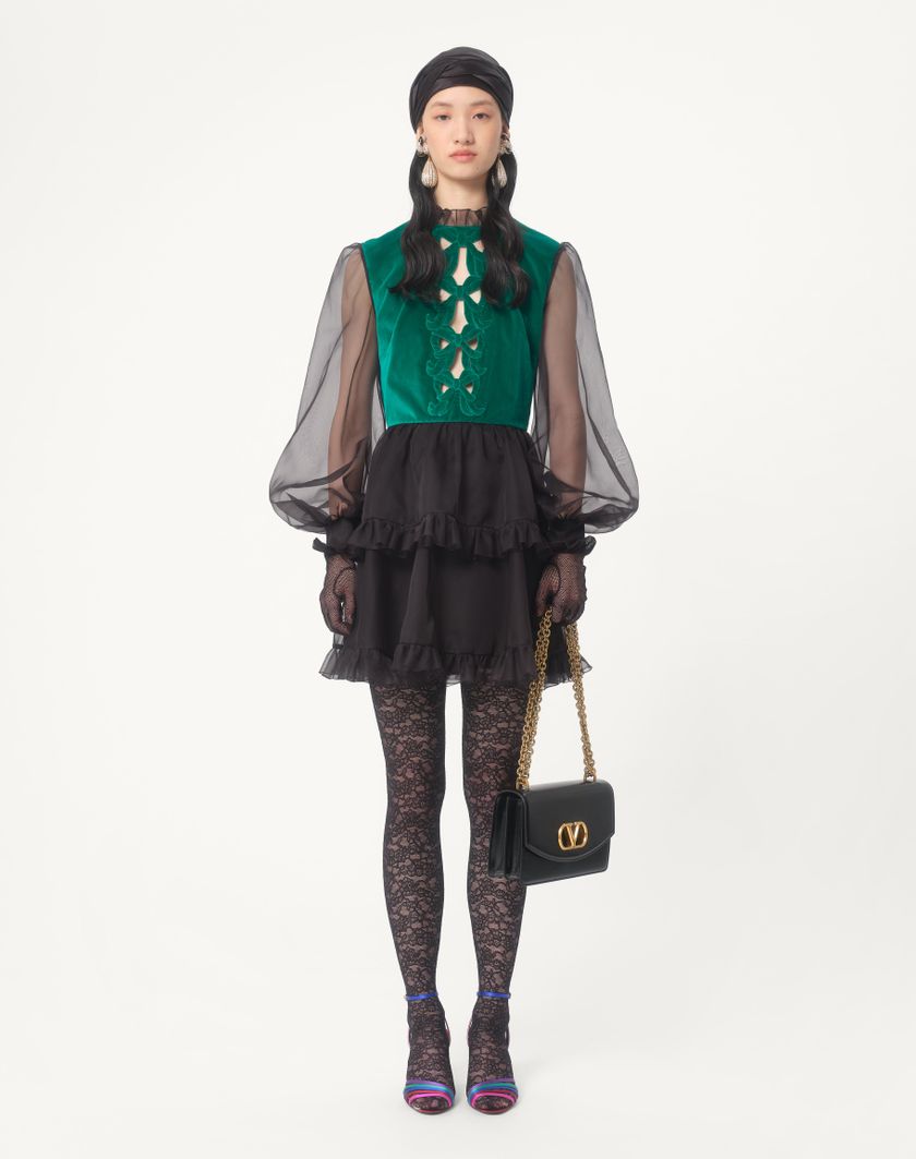 Valentino Handbags Abito Corto In Organza Ricamato per Donna in Nero/verde | Valentino IT Acquista Ora