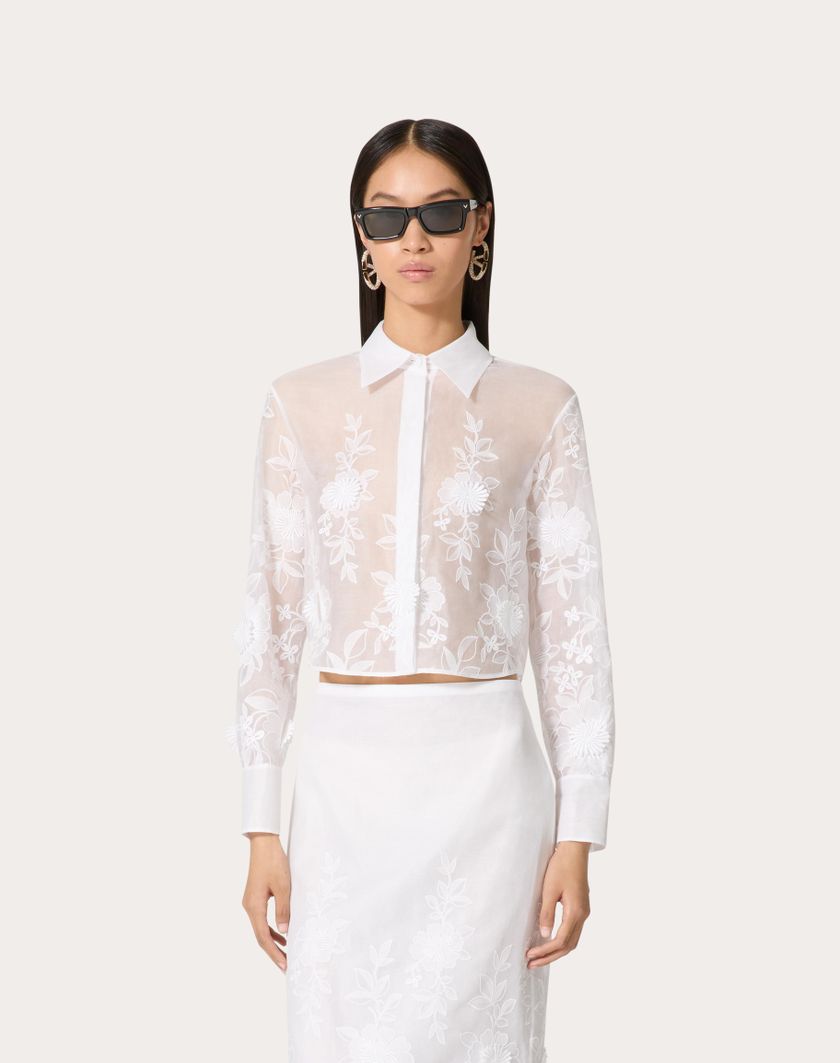 Valentino Handbags Camicia In Camellia Organdis per Donna in Avorio | Valentino IT Shopping online