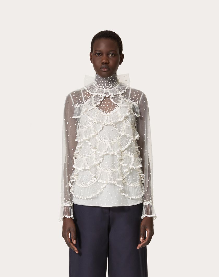 Valentino Handbags Top In Tulle Illusione Ricamato per Donna in Avorio | Valentino IT Vendite stagionali