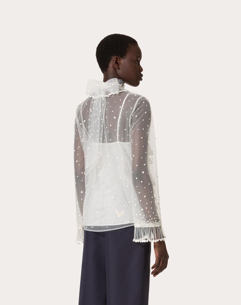 Valentino Handbags Top In Tulle Illusione Ricamato per Donna in Avorio | Valentino IT Vendite stagionali