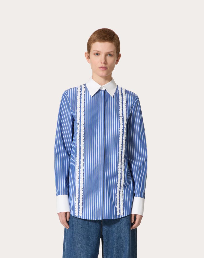 Valentino Handbags Camicia In Popeline Contrails Ricamata per Donna in Light Blue/bianco | Valentino IT Cyber Monday
