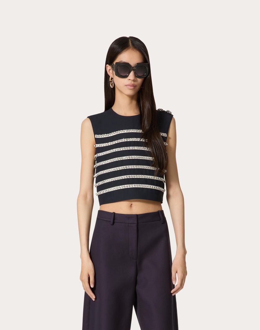 Valentino Handbags Top In Crepe Couture Ricamato per Donna in Navy/avorio | Valentino IT Comprane uno, ottenene uno gratis