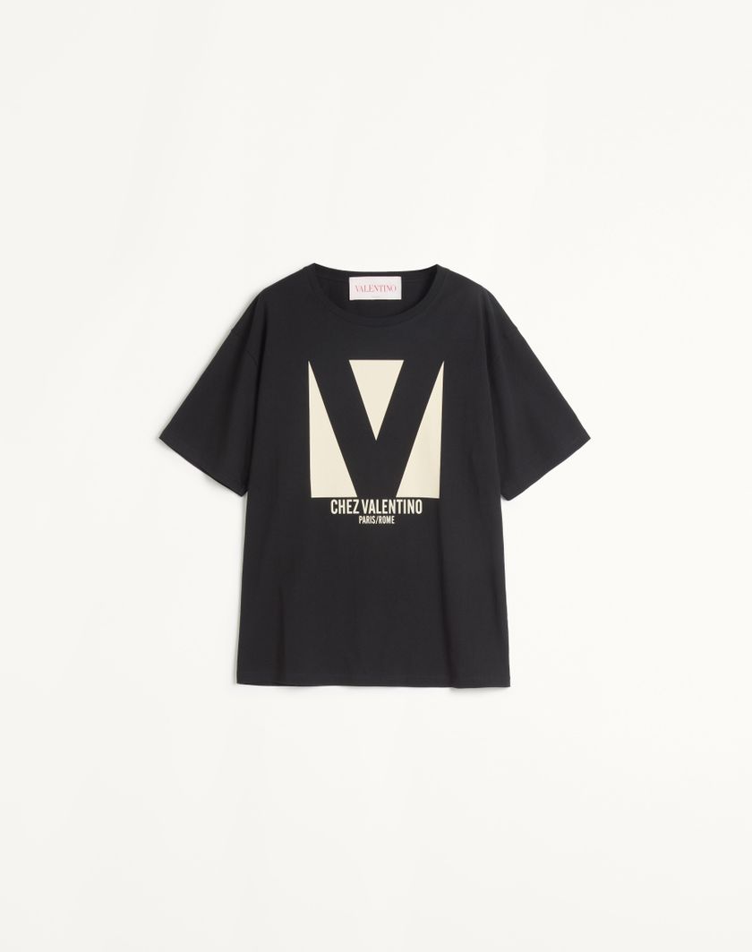 Valentino Handbags T-shirt In Jersey Cotton Con Stampa Chez Valentino per Donna in Nero | Valentino IT