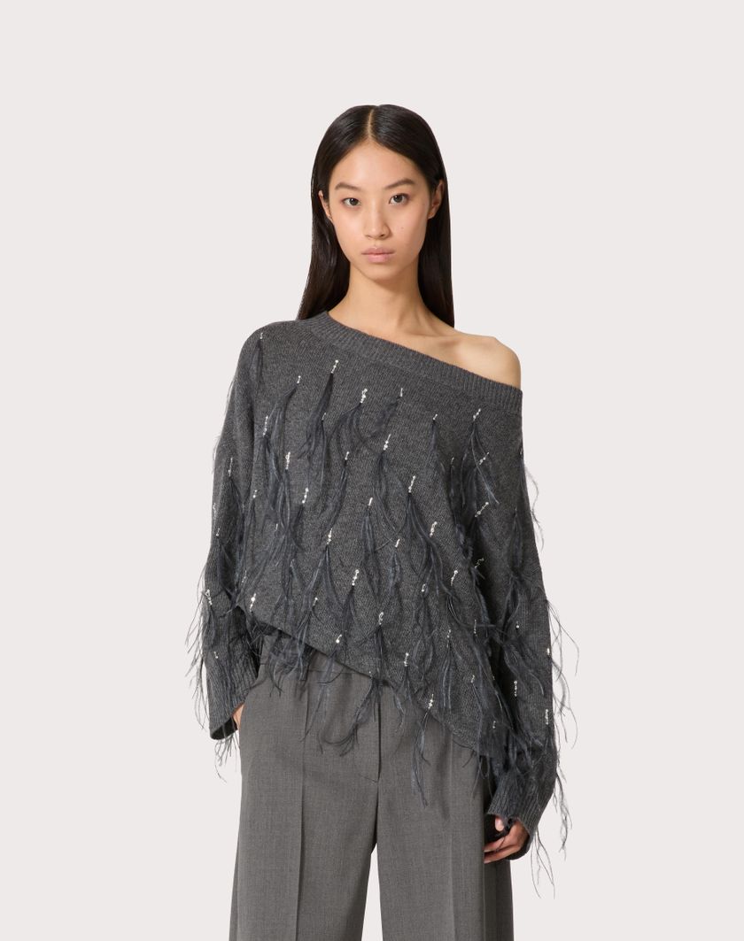 Valentino Handbags Maglia In Lana Con Piume Ricamata per Donna in Grigio Scuro | Valentino IT Promozione