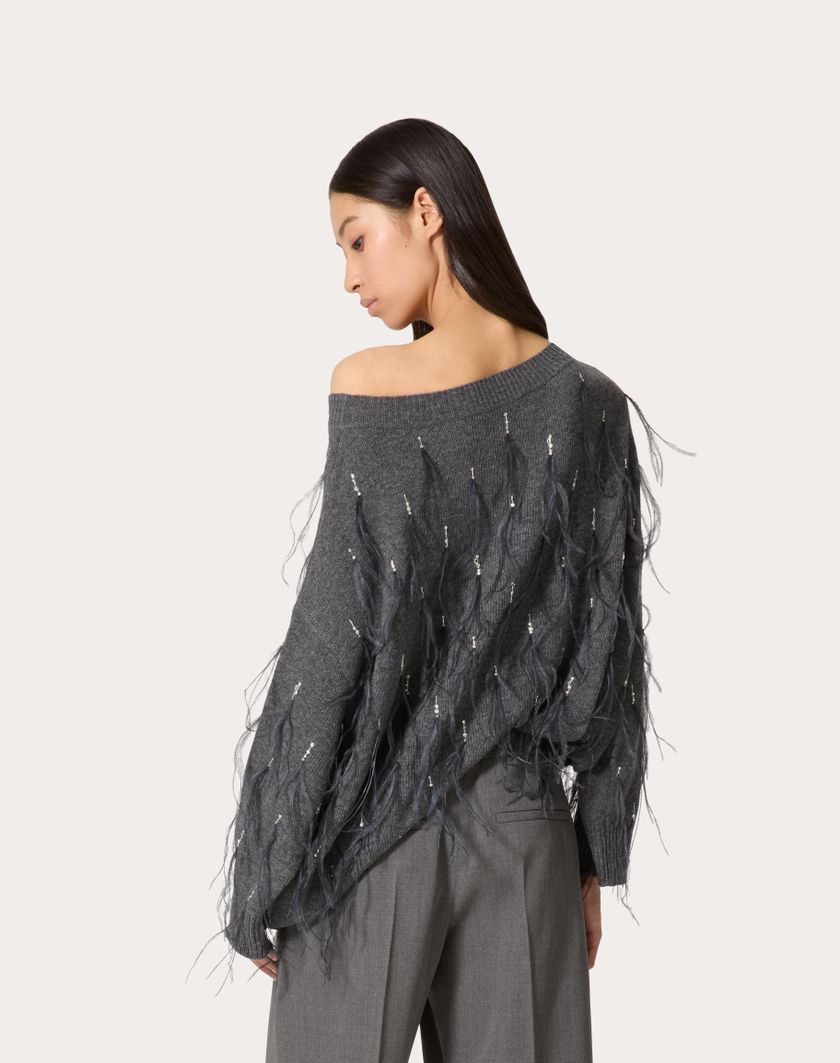 Valentino Handbags Maglia In Lana Con Piume Ricamata per Donna in Grigio Scuro | Valentino IT Promozione