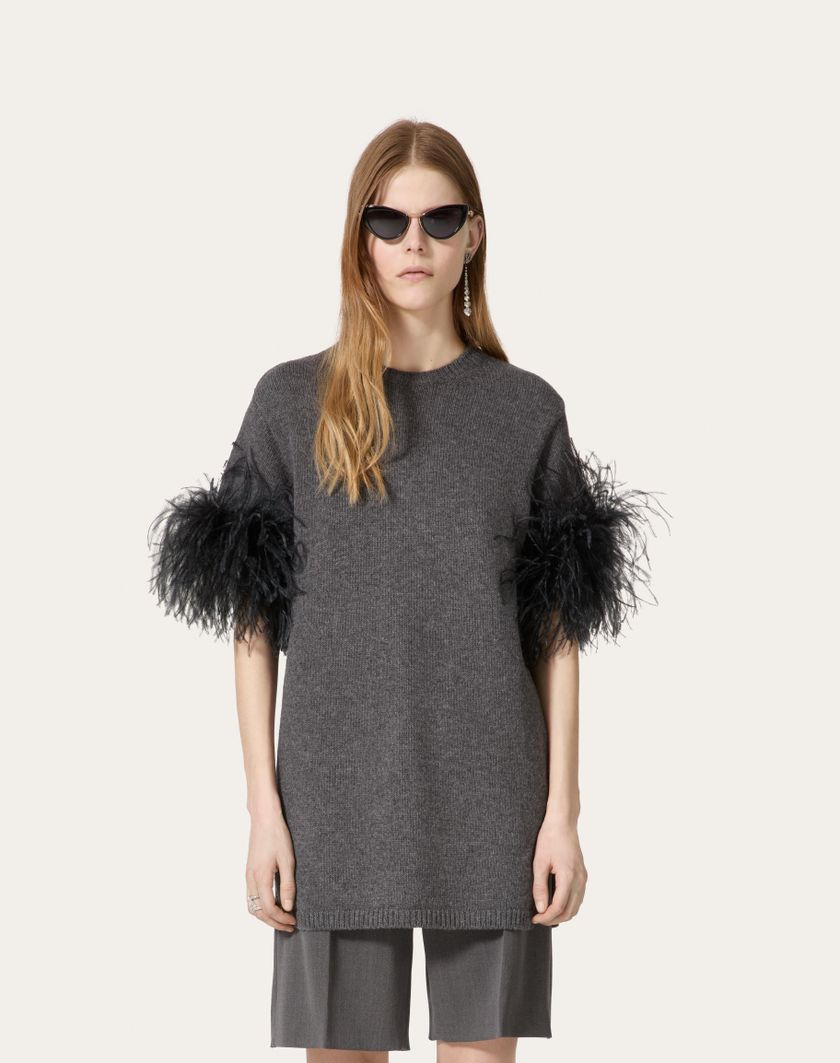 Valentino Handbags Maglia In Lana Con Piume per Donna in Grigio Scuro | Valentino IT Soddisfazione Garantita