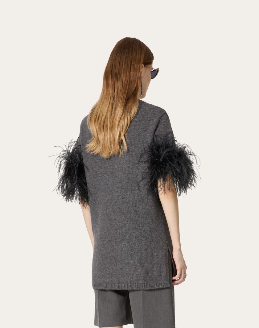 Valentino Handbags Maglia In Lana Con Piume per Donna in Grigio Scuro | Valentino IT Soddisfazione Garantita