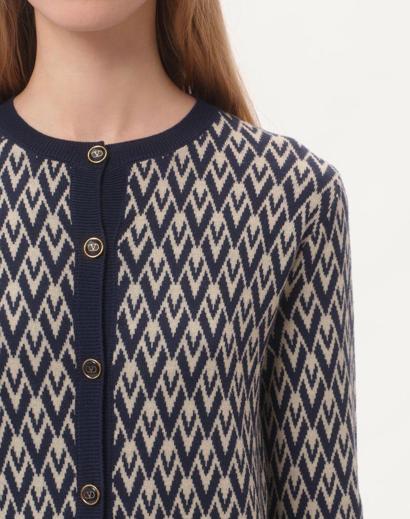 Valentino Handbags Cardigan In Lana Jacquard Toute La V per Donna in Crema/navy | Valentino IT Affare Del Giorno