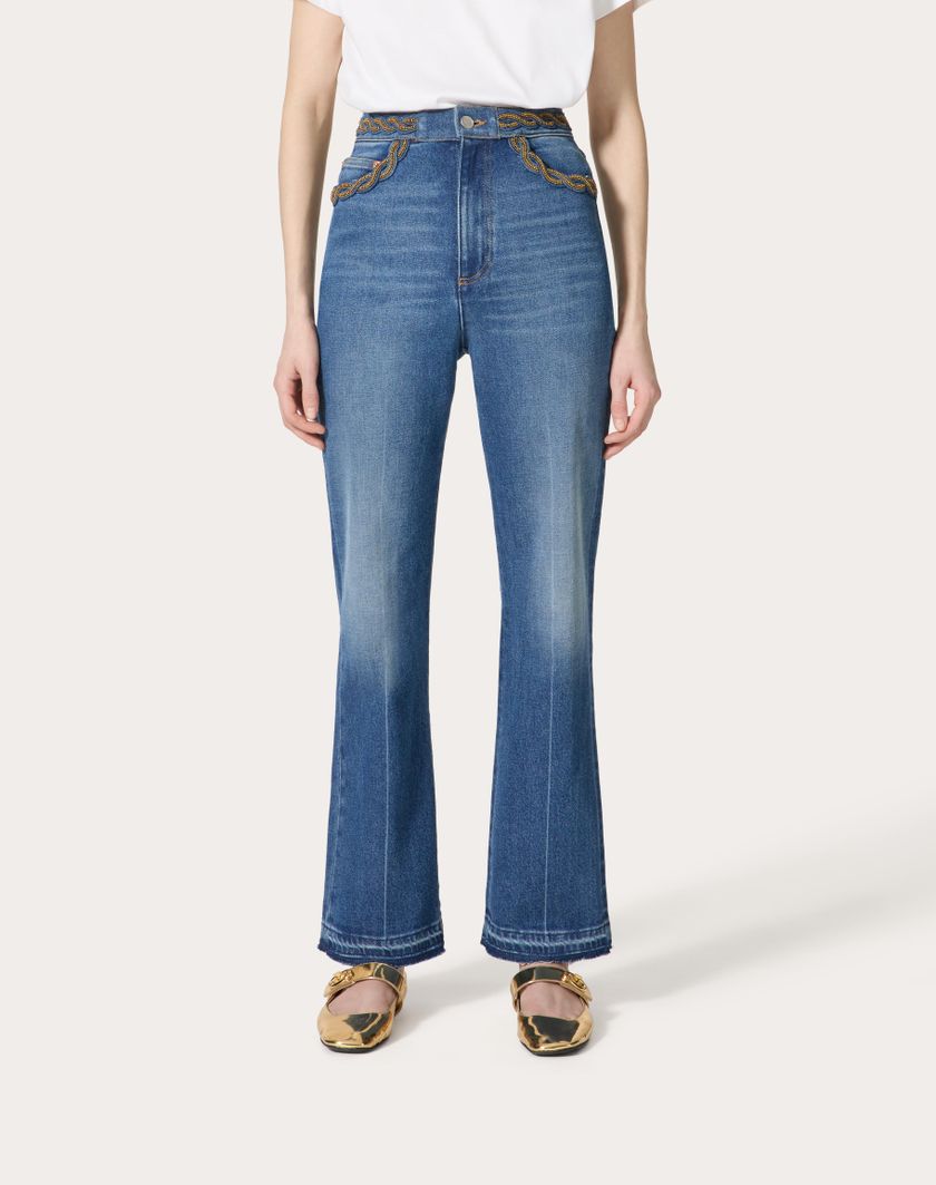 Valentino Handbags Pantaloni In Blu Medio Con Riserva Ricamati per Donna in Denim | Valentino IT Novità