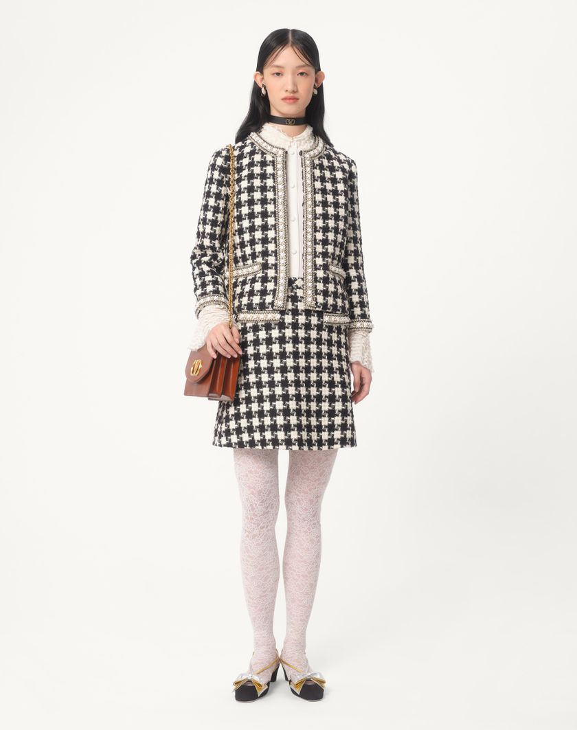 Valentino Handbags Gonna In Damier Light Tweed Ricamata per Donna in Avorio/nero | Valentino IT Saldi Di Fabbrica