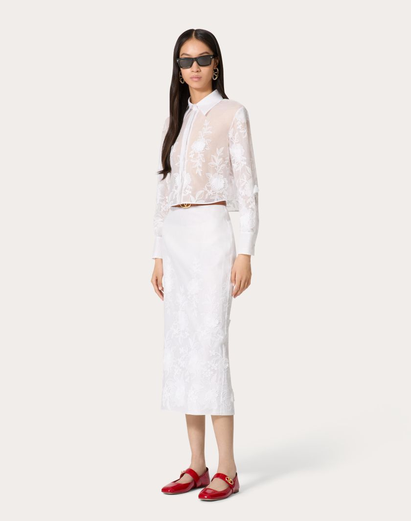 Valentino Handbags Gonna Midi In Camellia Organdis per Donna in Avorio | Valentino IT Prezzo di fabbrica