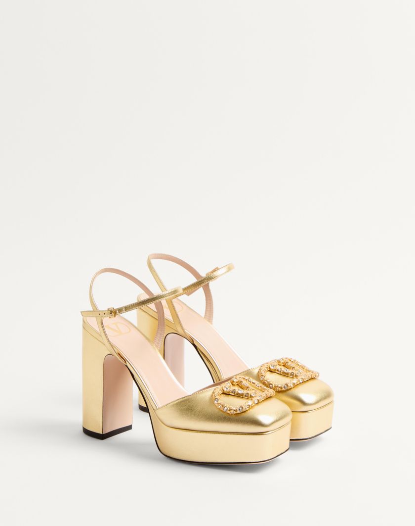 Valentino Handbags Décolleté Con Plateau Vlogo Signature In Nappa Laminata 115mm per Donna in Antique Brass/crystal | Valentino IT Offerta speciale