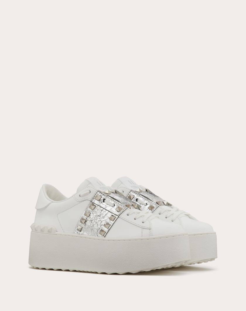 Valentino Handbags Sneaker Flatform Rockstud Untitled In Vitello Con Banda Metallizzata effetto Craquelé per Donna in Bianco/silver | Valentino IT Saldi