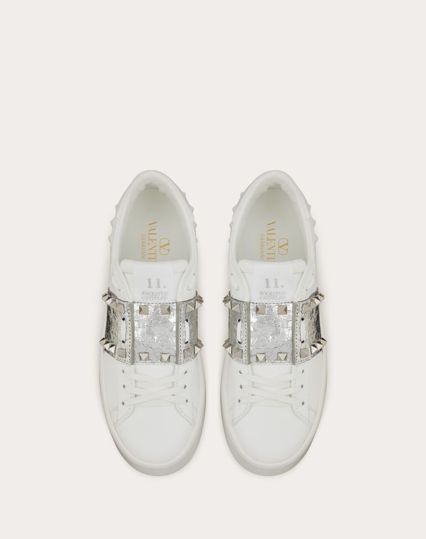 Valentino Handbags Sneaker Flatform Rockstud Untitled In Vitello Con Banda Metallizzata effetto Craquelé per Donna in Bianco/silver | Valentino IT Saldi
