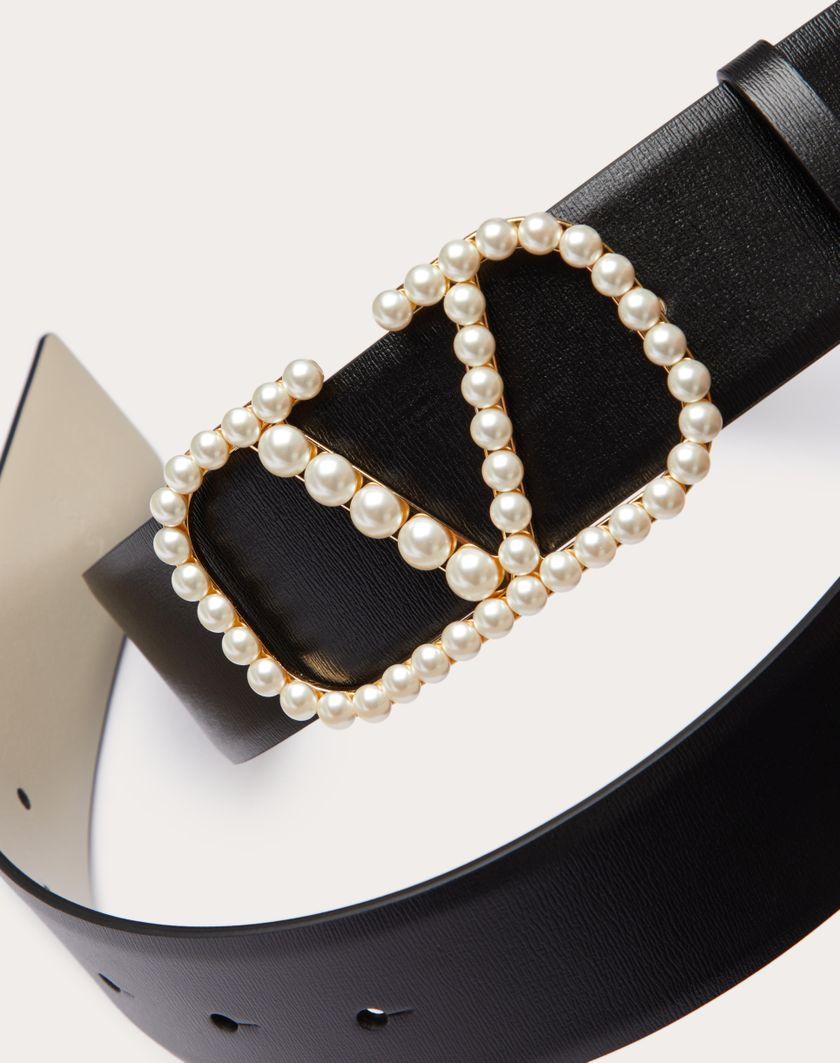Valentino Handbags Cintura Reversibile Vlogo Signature In Vitello Lucido Con Perle 40 Mm per Donna in Nero/light Ivory | Valentino IT Vendita