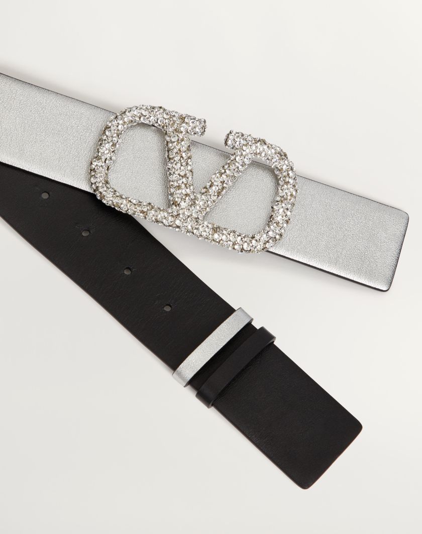 Valentino Handbags Cintura Reversibile Vlogo Signature In Vitello Metallizzato 40 Mm per Donna in Silver/nero/crystal | Valentino IT Spedizione Gratuita