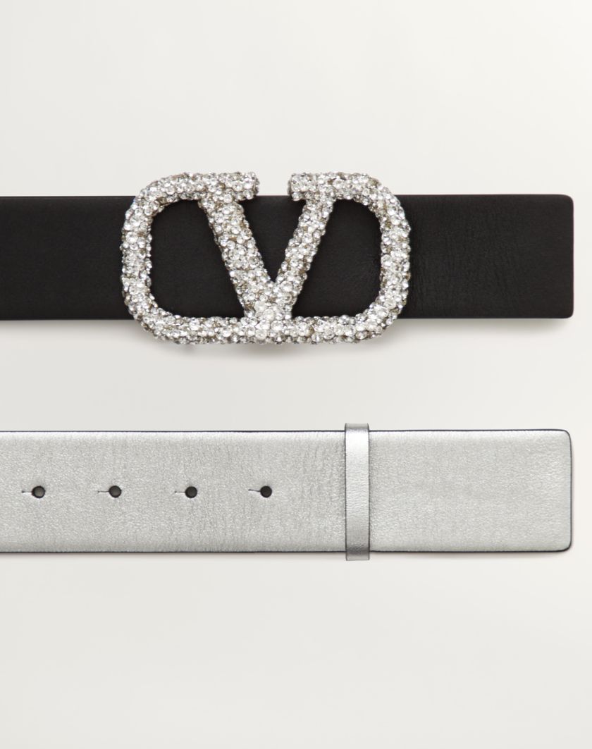 Valentino Handbags Cintura Reversibile Vlogo Signature In Vitello Metallizzato 40 Mm per Donna in Silver/nero/crystal | Valentino IT Spedizione Gratuita